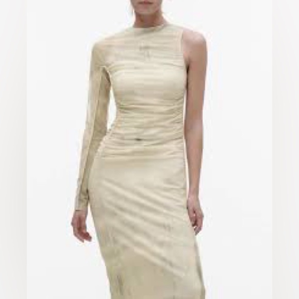 NWT Zara Maxi Dress Womens XS Cream Gray Ruched One Shoulder Long Sleeve